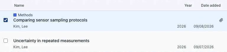 A Library paper list with tags above titles and authors, year, and date added below