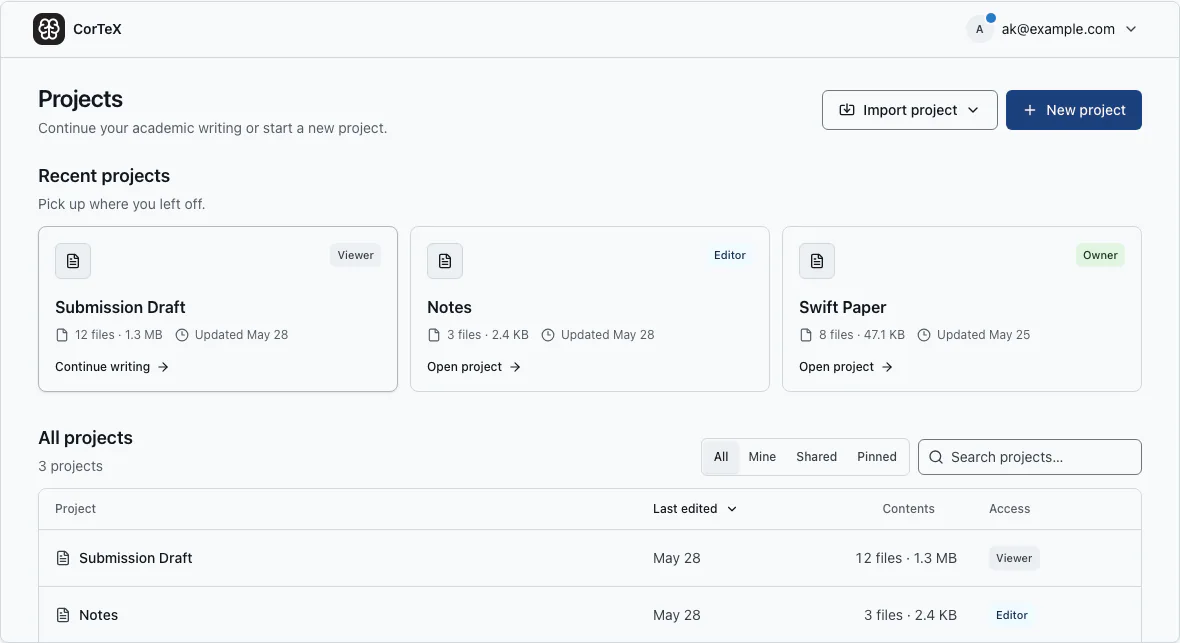 The CorTeX Projects page with existing projects and project actions