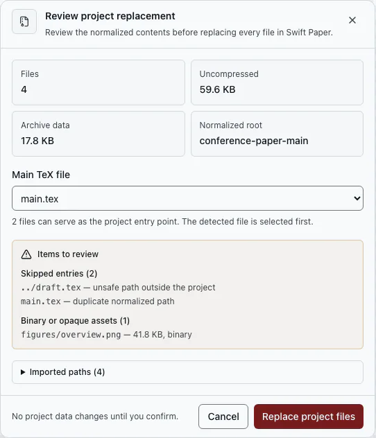The project import review showing included files, skipped files, and import settings