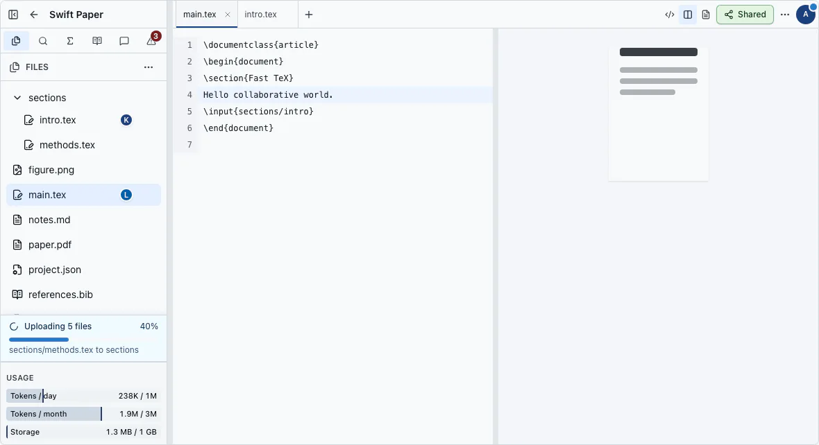 The CorTeX workspace with the file tree, editor, preview, and writing tools