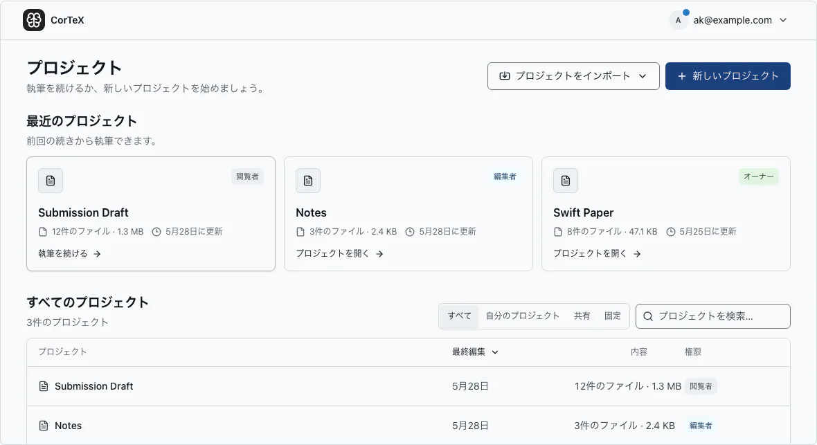 既存のプロジェクトと操作を表示した CorTeX のプロジェクトページ