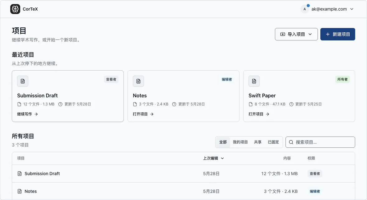 显示现有项目和项目操作的 CorTeX 项目页面
